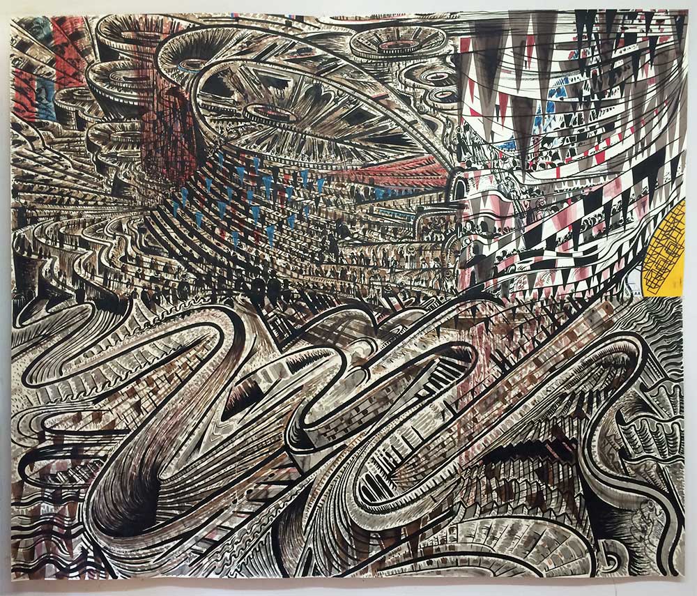 Alejandro Aguilera, Blue and Red Convention, ink, acrylic, watercolor, collage, and graphite on paper, 79 1/2 x 98 inches, 2013 Alejandro Aguilera, Blue and Red Convention, ink, acrylic, watercolor, collage, and graphite on paper, 79 1/2 x 98 inches, 2013