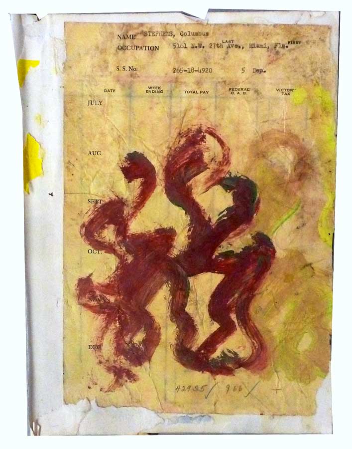 Purvis Young, Untitled, acrylic and collage on reclaimed paper, 9 x 8 inches, 1990s