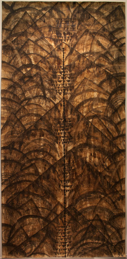 Alejandro Aguilera, Black Drawing (Brancusi), 1998, 101 1/4 x 48 inches, coffee, ink & crayon on paper