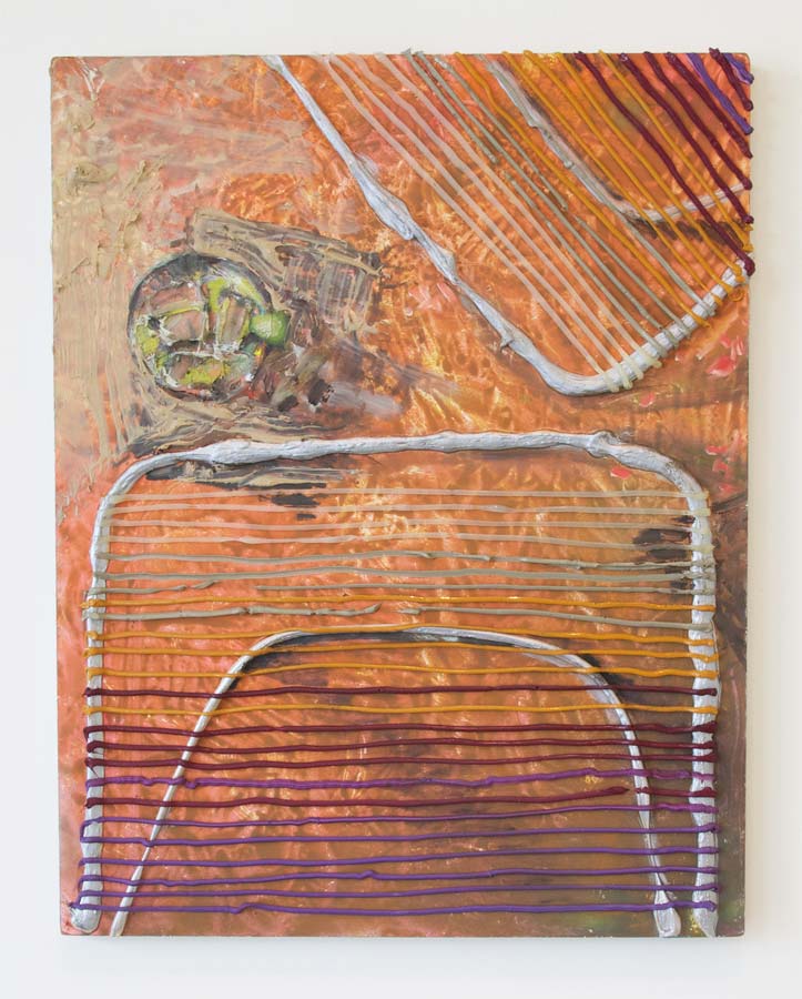 Eleanor Aldrich, Lawn Chairs, 2013, Construction caulking, enamel, silicone and oil on panel, 24 x 19 inches Eleanor Aldrich, Lawn Chairs, 2013, Construction caulking, enamel, silicone and oil on panel, 24 x 19 inches