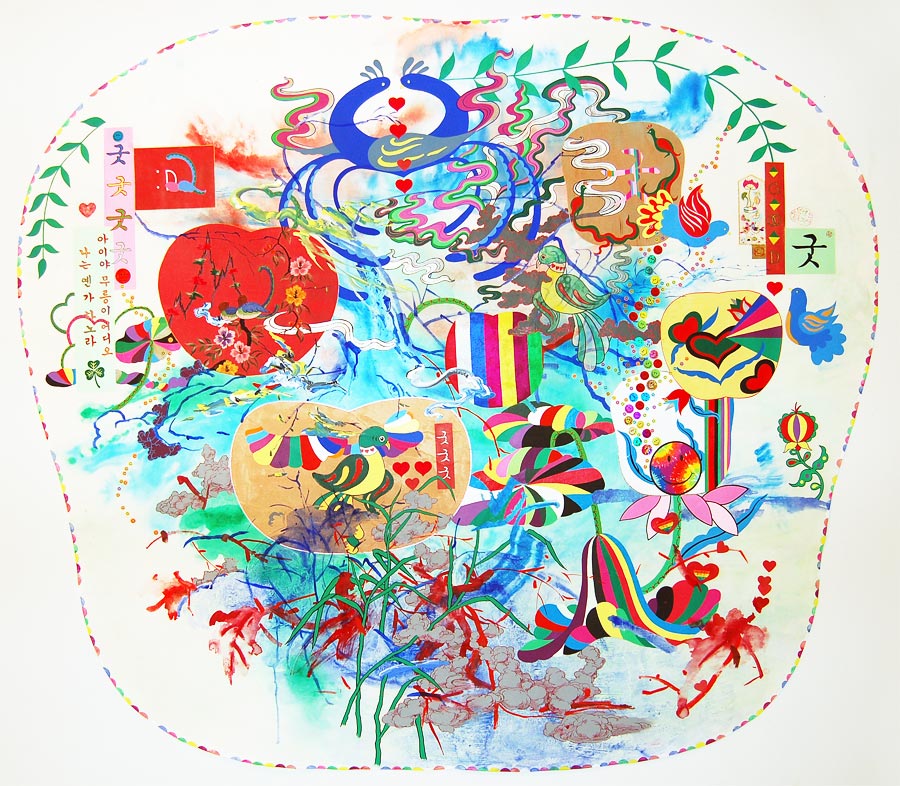 Jiha Moon, Big Pennsylvania Dutch Korean Painting, 2011, ink and acrylic with mixed media on Hanji, 57 x 64 inches Jiha Moon, Big Pennsylvania Dutch Korean Painting, 2011, ink and acrylic with mixed media on Hanji, 57 x 64 inches